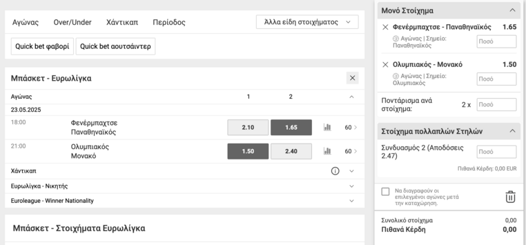 interwetten φενερμπαχτσε παναθηναϊκος ολυμπιακος μονακο final 4 αποδοσεις προγνωστικα