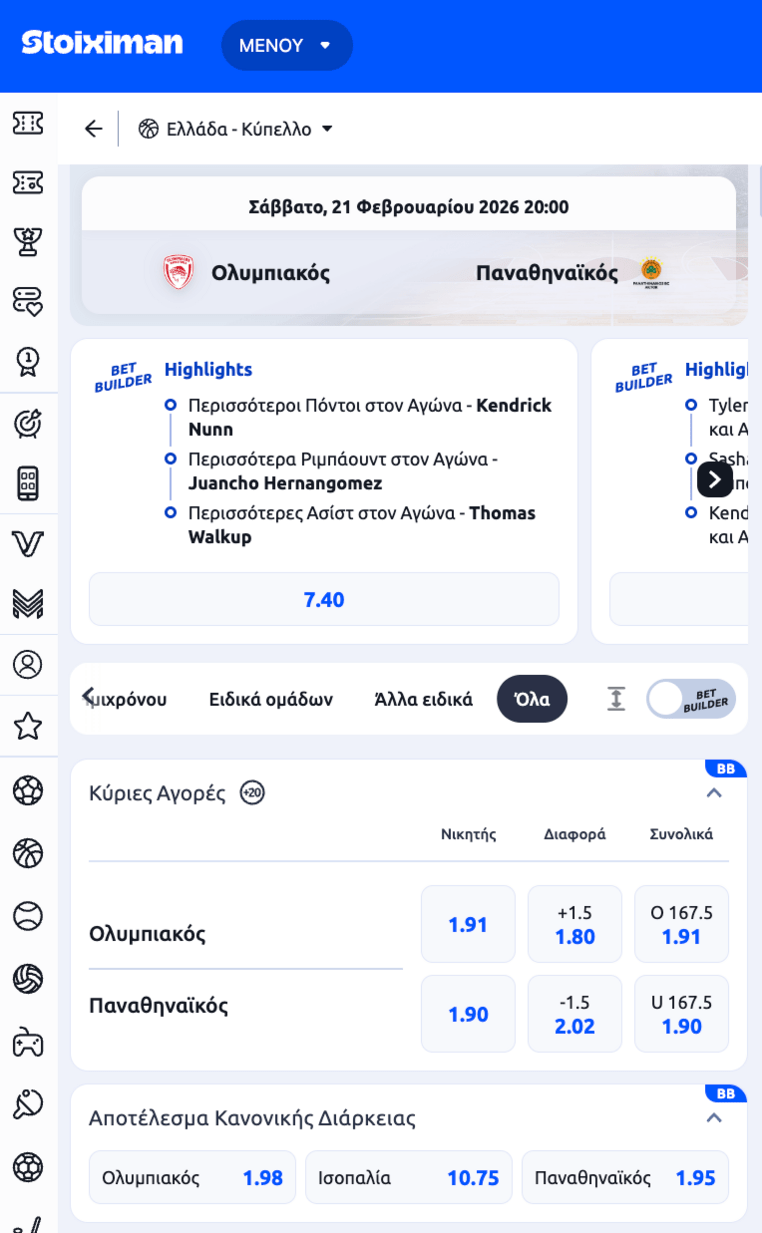 ολυμπιακος παναθηναικος τελικος κυπελλο ελλαδος μπασκετ στοιχημα προγνωστικα αποδοσεις στοιχιμαν στοιχημαν stoiximan