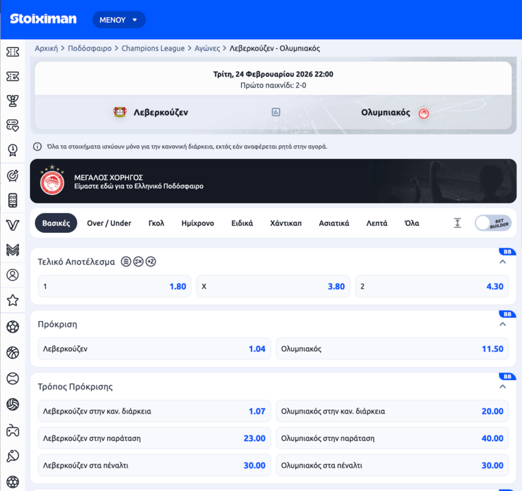 ολυμπιακος λεβερκουζεν αποδοσεις στοιχιμαν στοιχημαν stoiximan προγνωστικα στοιχημα τσαμπιονς λιγκ champions league