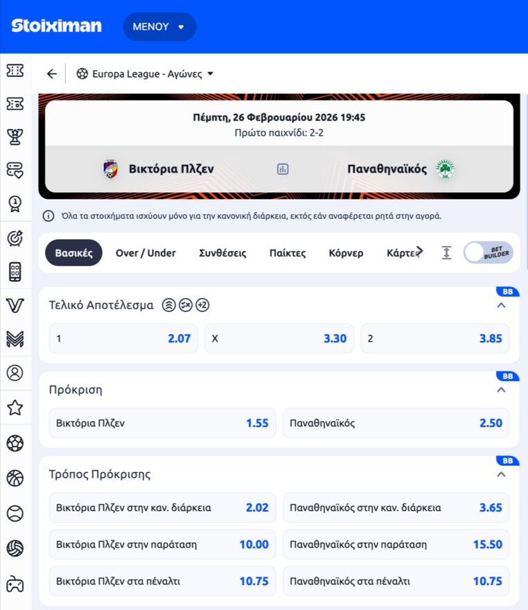 βικτορια πλζεν παναθηναικος αποδοσεις στοιχιμαν στοιχημαν stoiximan προγνωστικα στοιχημα γιουροπα λιγκ europa league