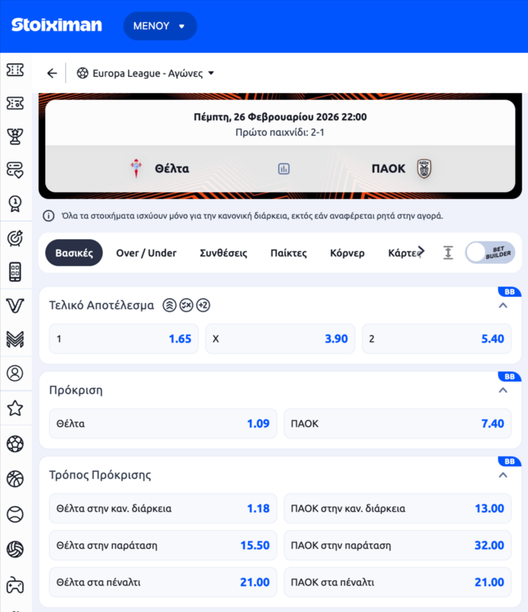 θελτα παοκ αποδοσεις στοιχιμαν στοιχημαν stoiximan προγνωστικα στοιχημα γιουροπα λιγκ europa league